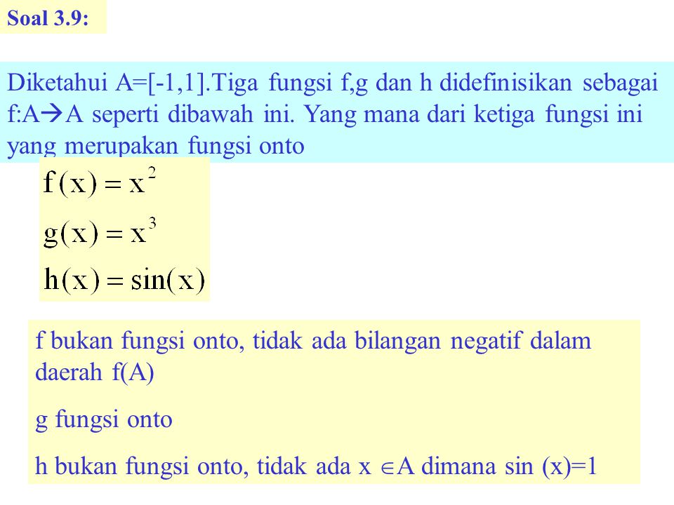 f bukan fungsi onto, tidak ada bilangan negatif dalam daerah f(A)