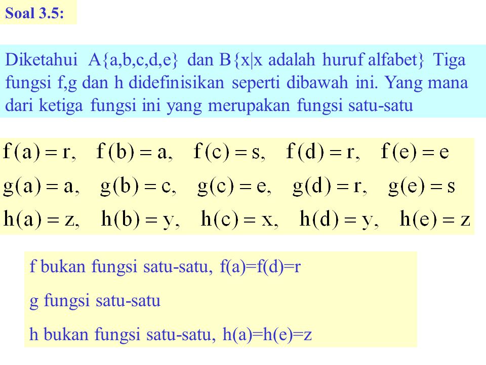 f bukan fungsi satu-satu, f(a)=f(d)=r g fungsi satu-satu