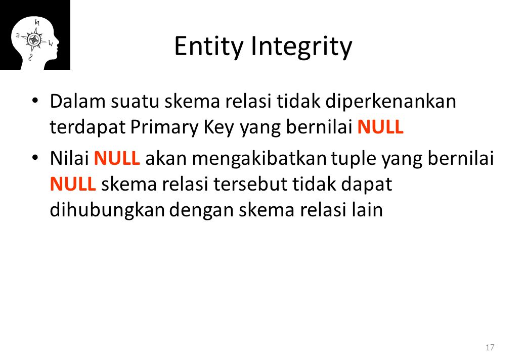 Entity Integrity Dalam suatu skema relasi tidak diperkenankan terdapat Primary Key yang bernilai NULL.