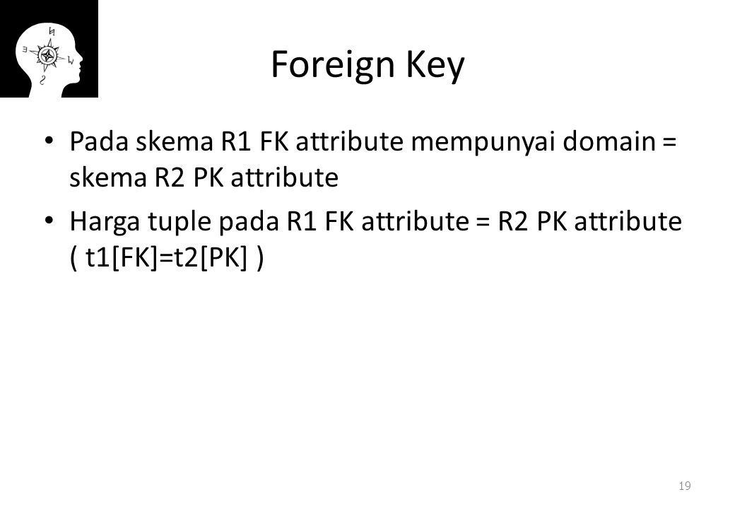 Foreign Key Pada skema R1 FK attribute mempunyai domain = skema R2 PK attribute.