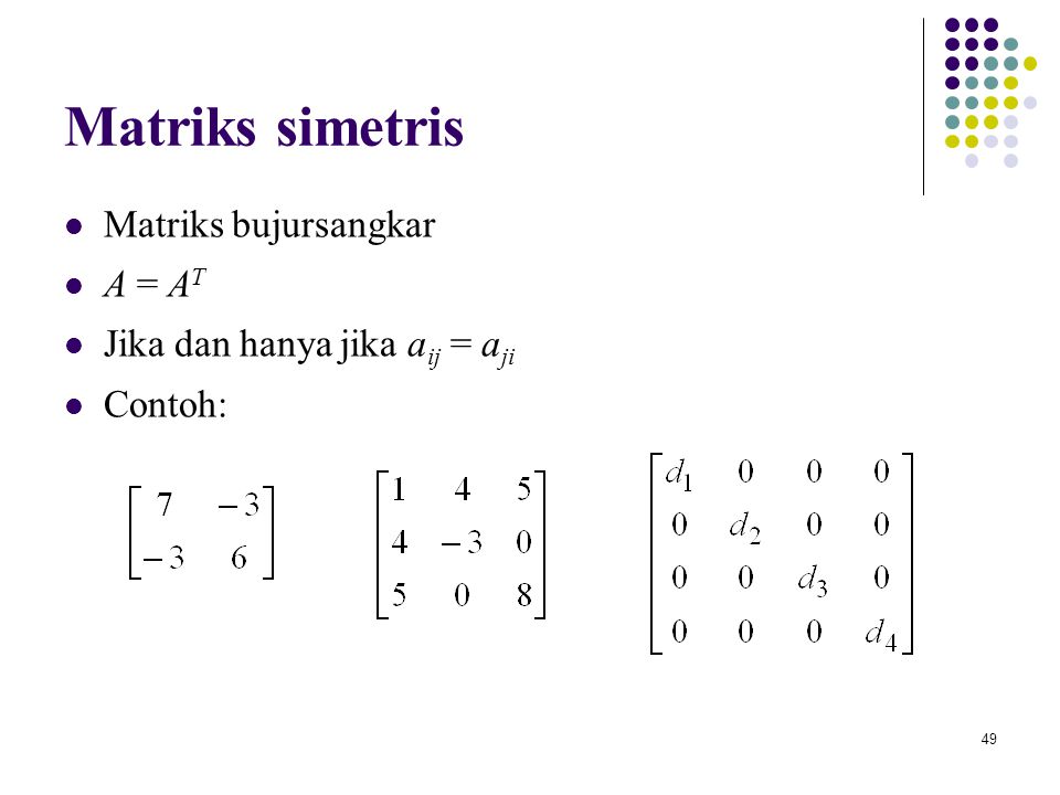 Matriks simetris Matriks bujursangkar A = AT