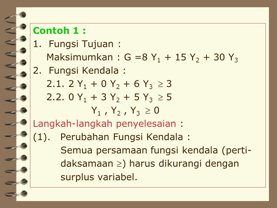 Contoh 1 : 1. Fungsi Tujuan : Maksimumkan : G =8 Y Y Y3. 2. Fungsi Kendala : Y1 + 0 Y2 + 6 Y3  3.