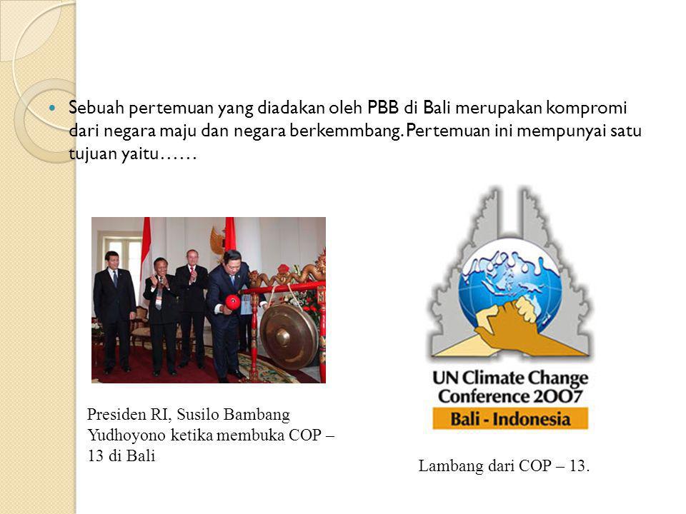 Sebuah pertemuan yang diadakan oleh PBB di Bali merupakan kompromi dari negara maju dan negara berkemmbang. Pertemuan ini mempunyai satu tujuan yaitu……