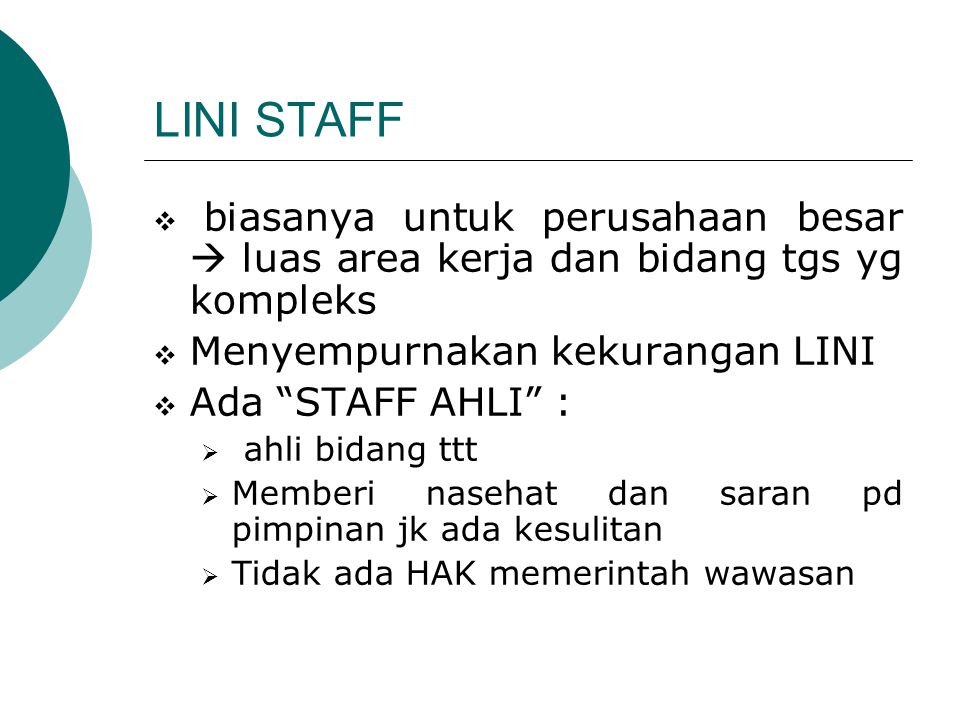 LINI STAFF biasanya untuk perusahaan besar  luas area kerja dan bidang tgs yg kompleks. Menyempurnakan kekurangan LINI.