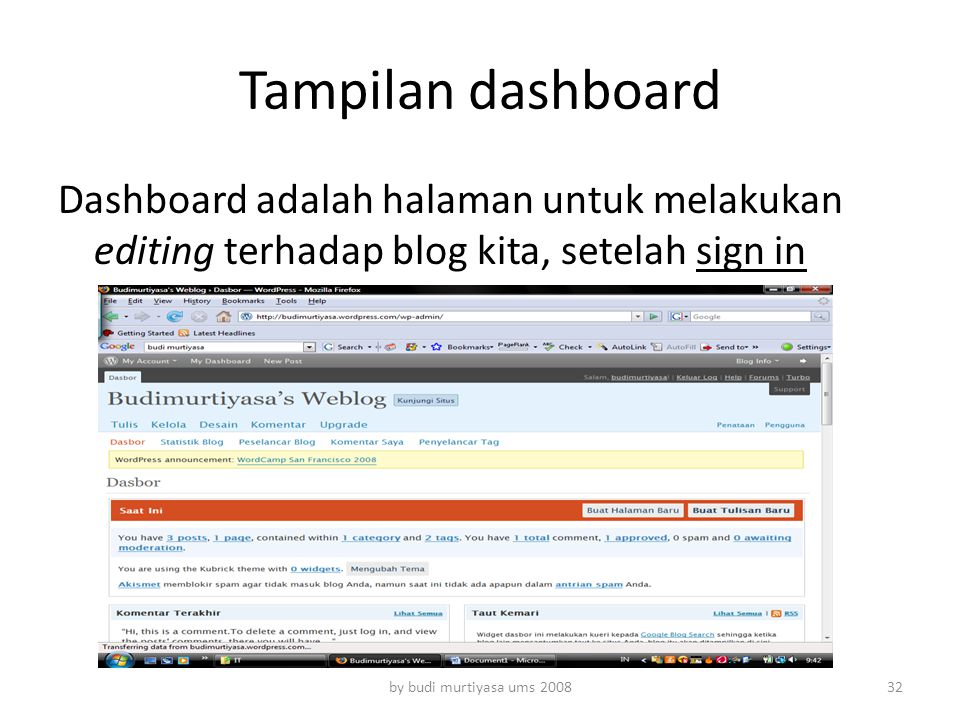 Tampilan dashboard Dashboard adalah halaman untuk melakukan editing terhadap blog kita, setelah sign in.