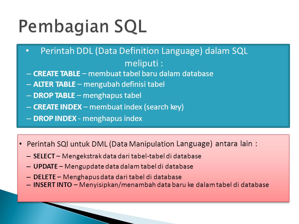 Perintah DDL (Data Definition Language) dalam SQL meliputi :
