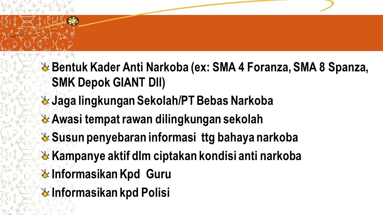 Bentuk Kader Anti Narkoba (ex: SMA 4 Foranza, SMA 8 Spanza, SMK Depok GIANT Dll)
