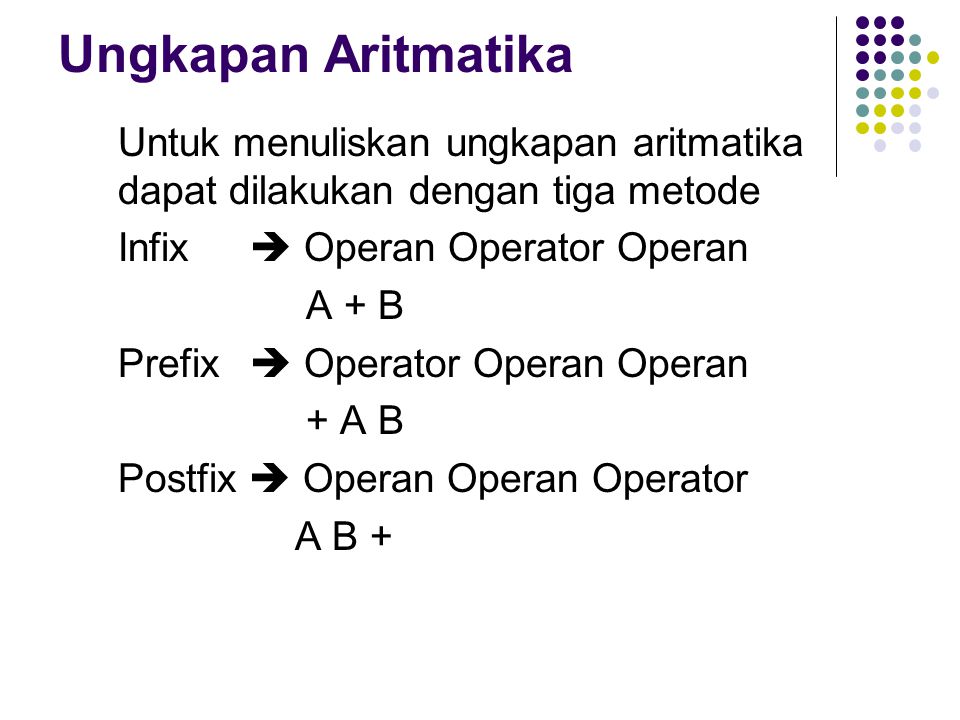 Ungkapan Aritmatika Untuk menuliskan ungkapan aritmatika dapat dilakukan dengan tiga metode. Infix  Operan Operator Operan.