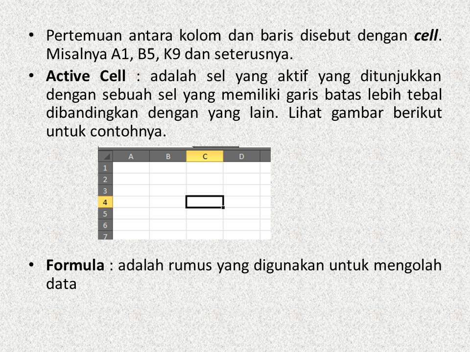 Pertemuan antara kolom dan baris disebut dengan cell