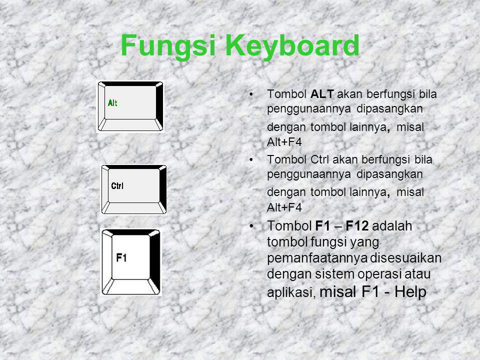 Fungsi Keyboard Tombol ALT akan berfungsi bila penggunaannya dipasangkan dengan tombol lainnya, misal Alt+F4.