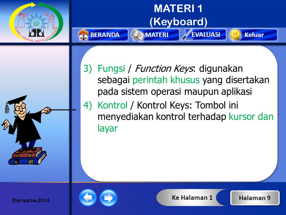 MATERI 1 (Keyboard) Fungsi / Function Keys: digunakan sebagai perintah khusus yang disertakan pada sistem operasi maupun aplikasi.