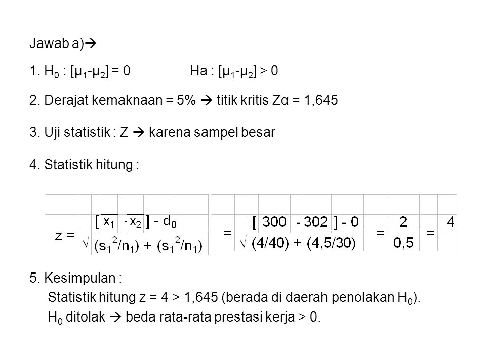 Jawab a) 1. H0 : [μ1-μ2] = 0 Ha : [μ1-μ2] > Derajat kemaknaan = 5%  titik kritis Zα = 1,645.