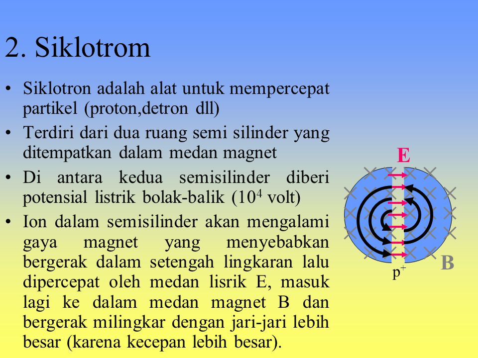 2. Siklotrom Siklotron adalah alat untuk mempercepat partikel (proton,detron dll)