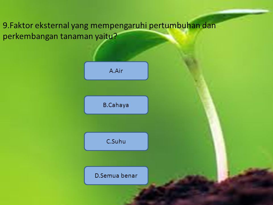 9.Faktor eksternal yang mempengaruhi pertumbuhan dan perkembangan tanaman yaitu