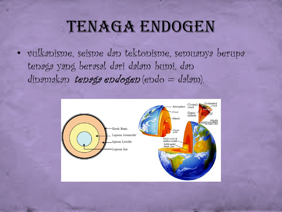 Tenaga Endogen vulkanisme, seisme dan tektonisme, semuanya berupa tenaga yang berasal dari dalam bumi, dan dinamakan tenaga endogen (endo = dalam).