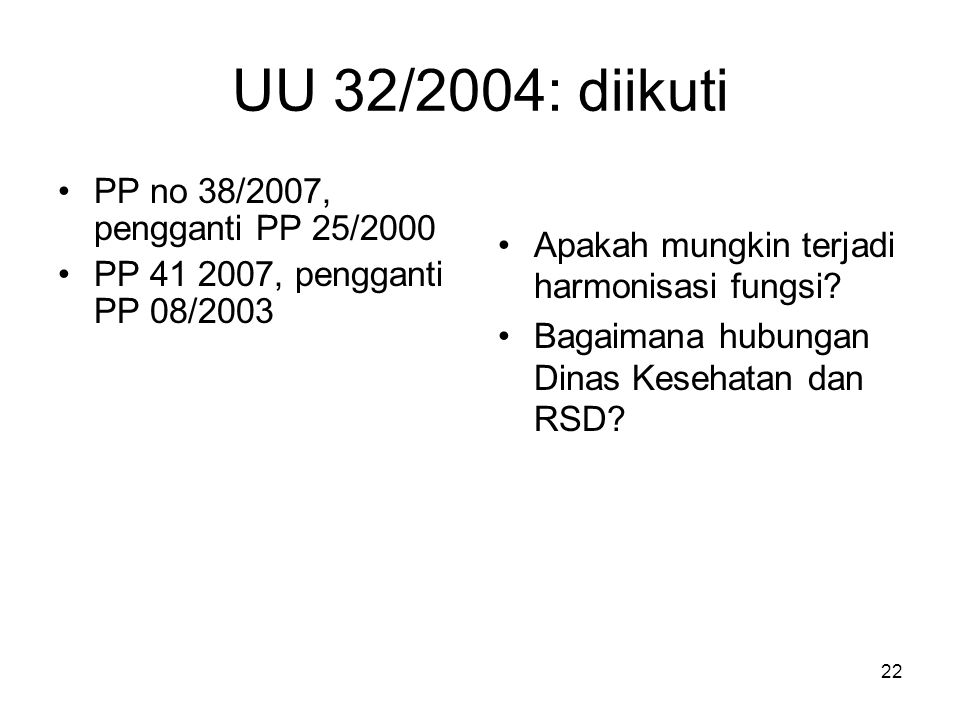 UU 32/2004: diikuti PP no 38/2007, pengganti PP 25/2000
