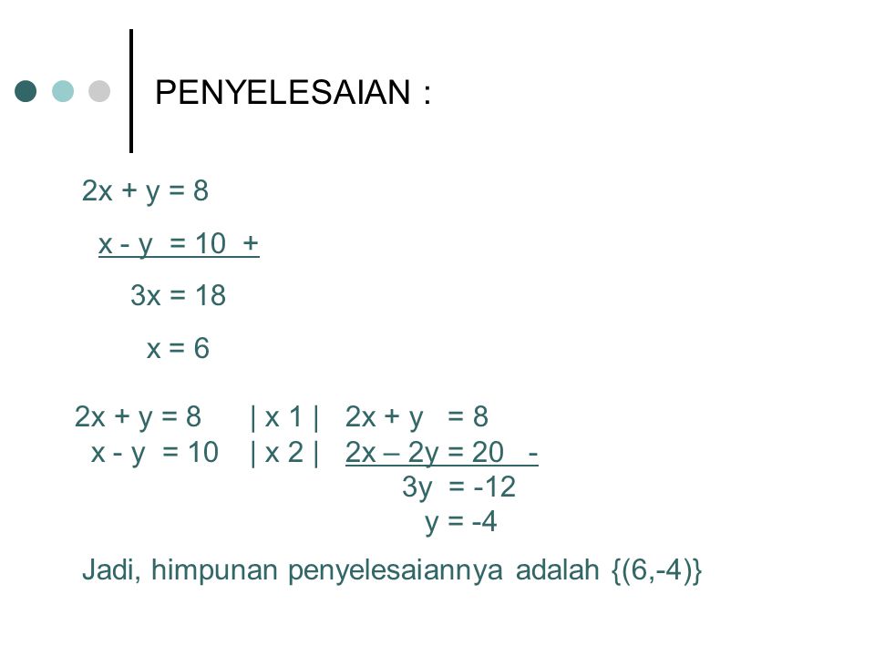 PENYELESAIAN : 2x + y = 8 x - y = x = 18 x = 6
