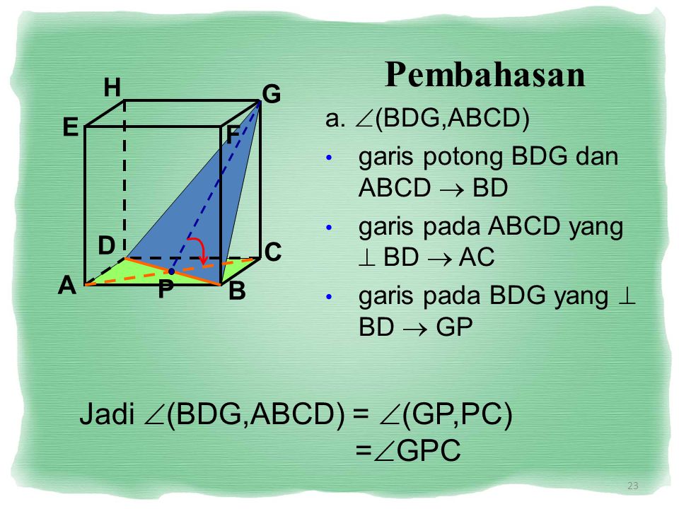 Pembahasan Jadi (BDG,ABCD) = (GP,PC) =GPC H a. (BDG,ABCD) G