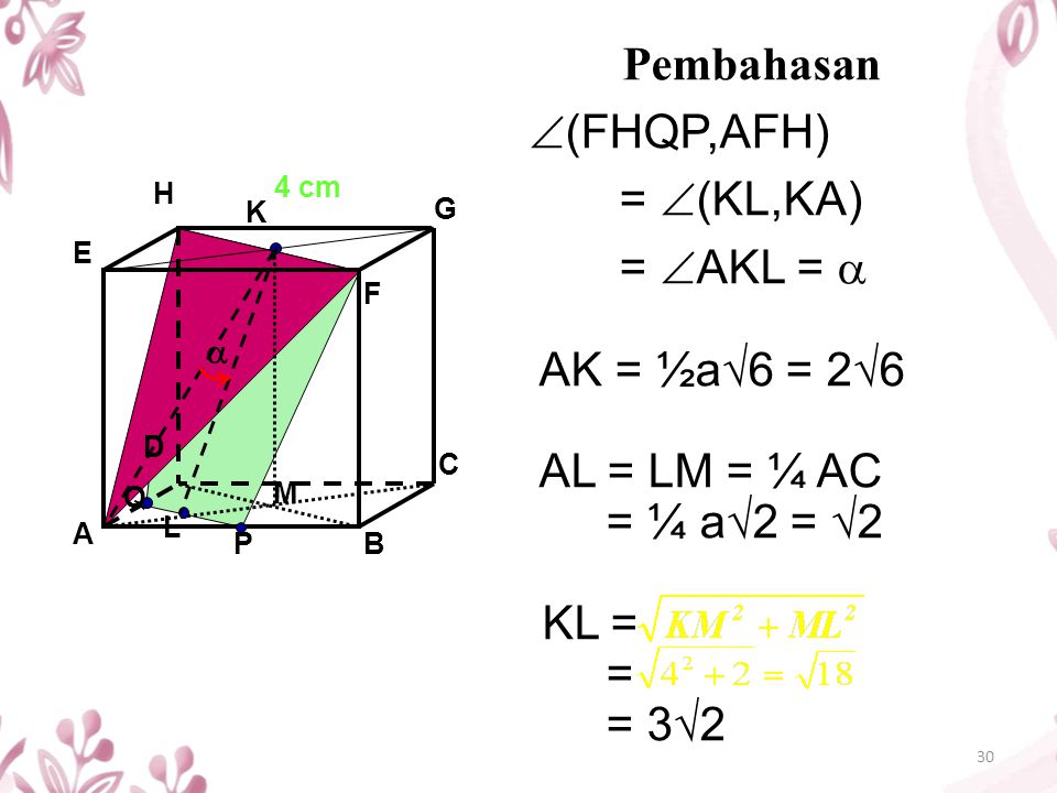 Pembahasan (FHQP,AFH) = (KL,KA) = AKL =  AK = ½a√6 = 2√6