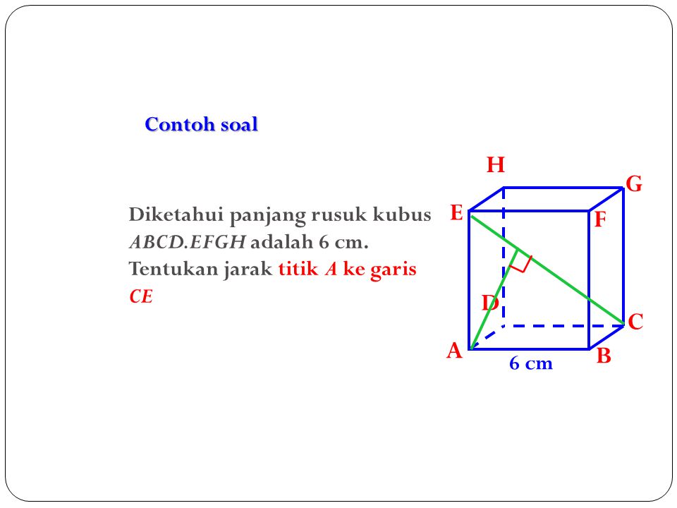 Contoh soal A. B. C. D. H. E. F. G. Diketahui panjang rusuk kubus ABCD.EFGH adalah 6 cm. Tentukan jarak titik A ke garis CE.