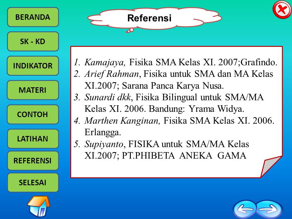 Referensi Kamajaya, Fisika SMA Kelas XI. 2007;Grafindo. Arief Rahman, Fisika untuk SMA dan MA Kelas XI.2007; Sarana Panca Karya Nusa.