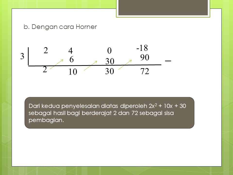 b. Dengan cara Horner Dari kedua penyelesaian diatas diperoleh 2x2 + 10x