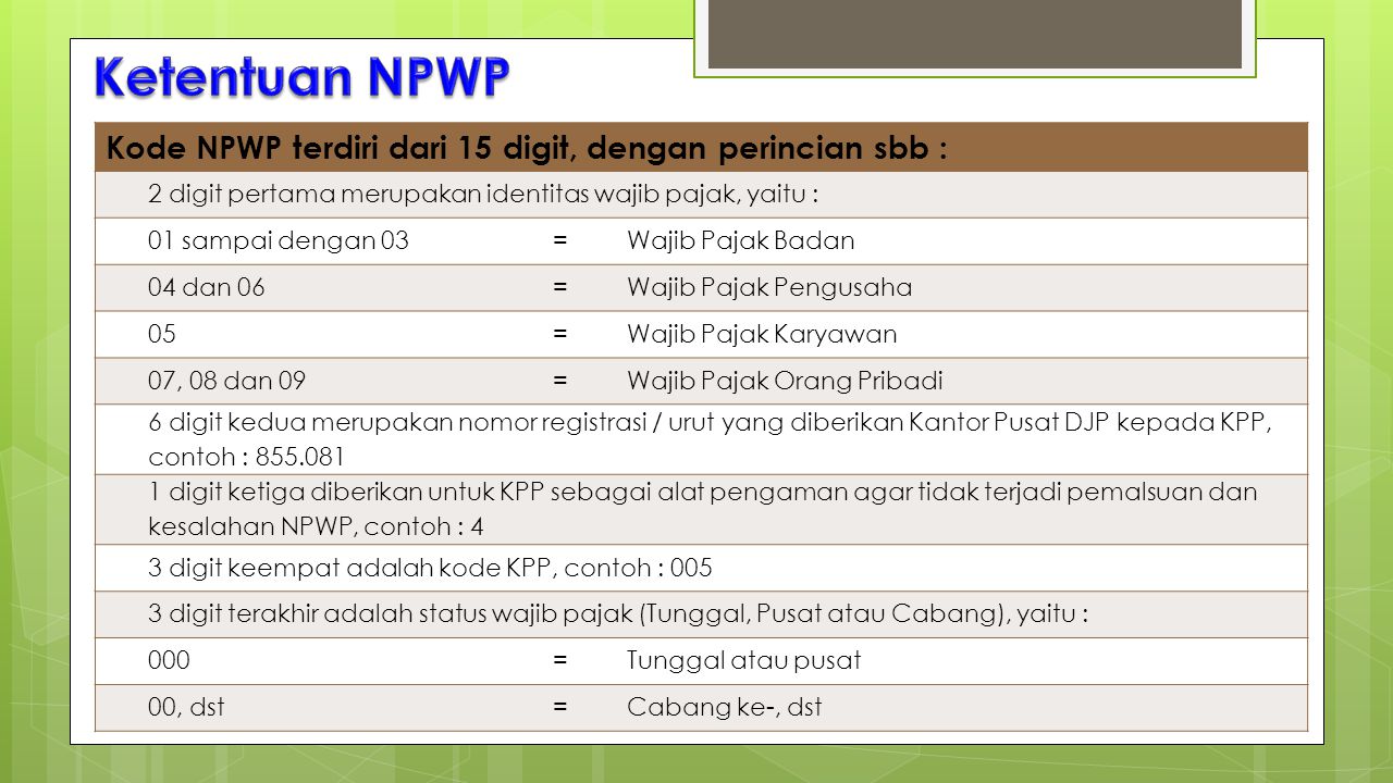 Ketentuan NPWP Kode NPWP terdiri dari 15 digit, dengan perincian sbb :