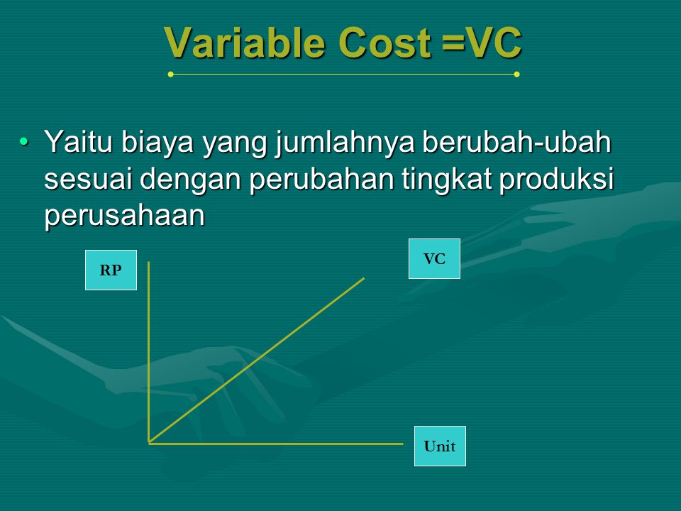 Variable Cost =VC Yaitu biaya yang jumlahnya berubah-ubah sesuai dengan perubahan tingkat produksi perusahaan.