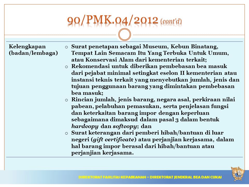 90/PMK.04/2012 (cont’d) Kelengkapan (badan/lembaga)