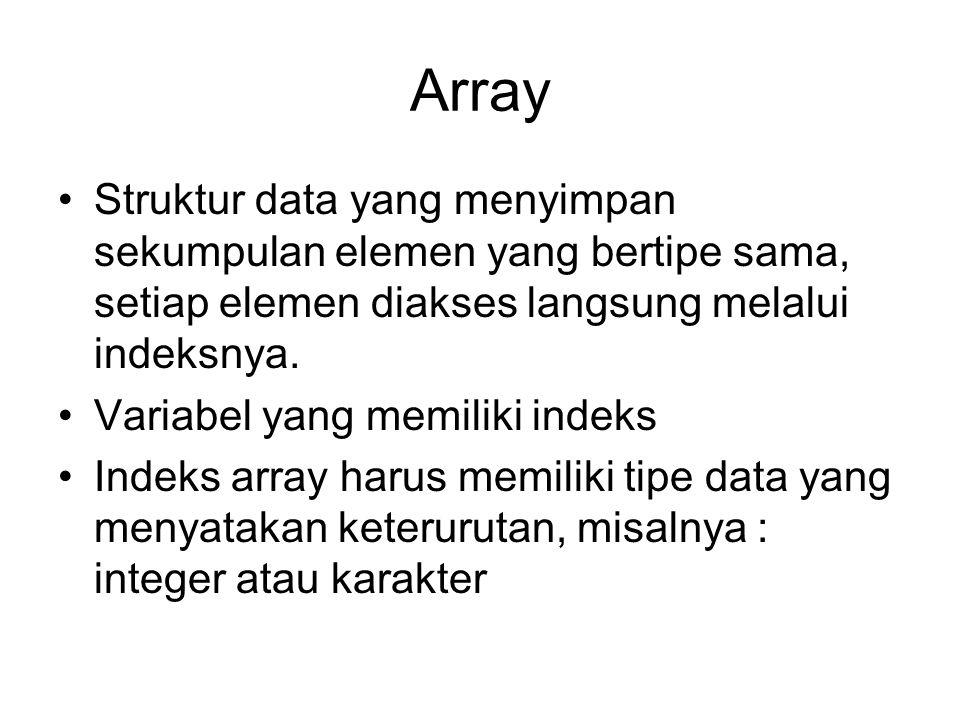 Array Struktur data yang menyimpan sekumpulan elemen yang bertipe sama, setiap elemen diakses langsung melalui indeksnya.