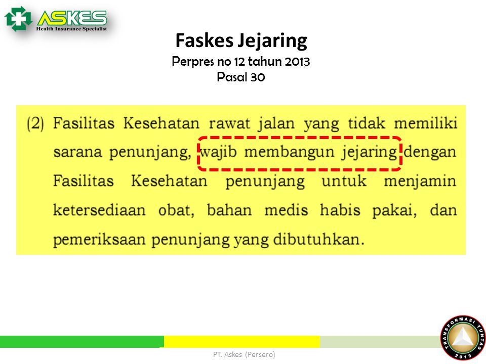 Faskes Jejaring Perpres no 12 tahun 2013 Pasal 30 PT. Askes (Persero)