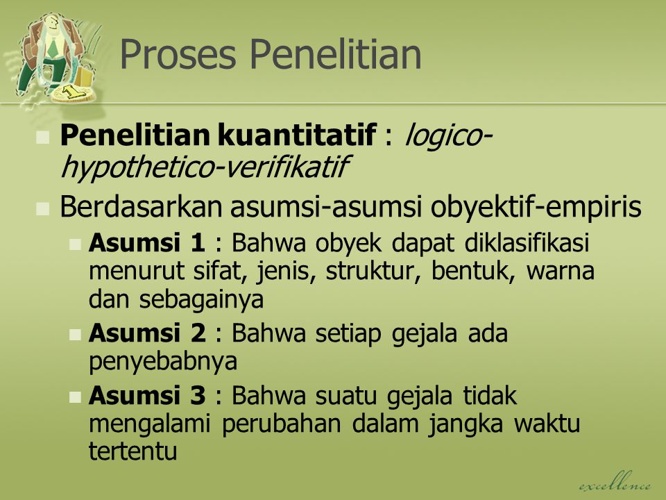 Proses Penelitian Penelitian kuantitatif : logico-hypothetico-verifikatif. Berdasarkan asumsi-asumsi obyektif-empiris.