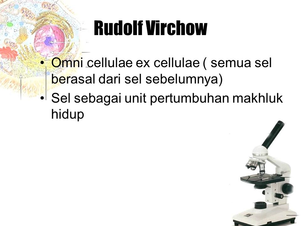 Rudolf Virchow Omni cellulae ex cellulae ( semua sel berasal dari sel sebelumnya) Sel sebagai unit pertumbuhan makhluk hidup.