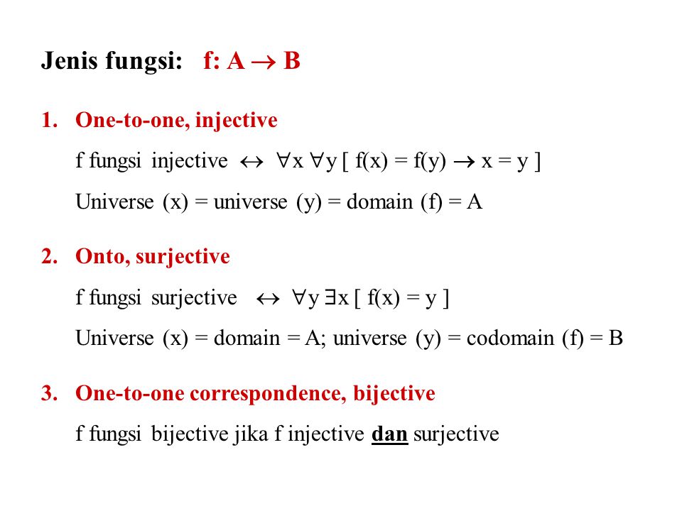 Jenis fungsi: f: A  B One-to-one, injective