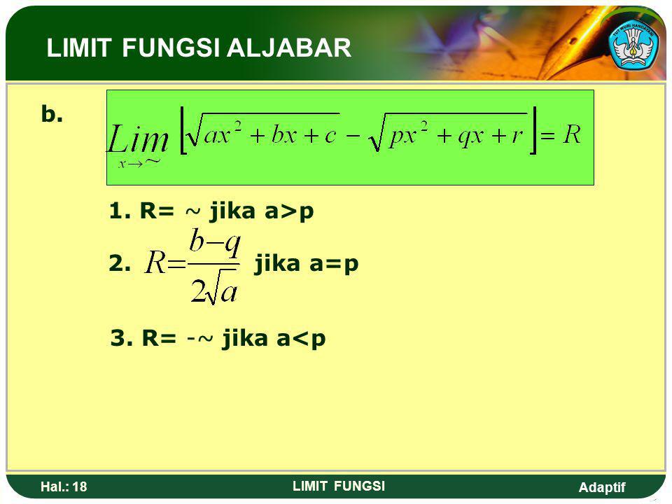 LIMIT FUNGSI ALJABAR b. 1. R= ~ jika a>p 2. jika a=p