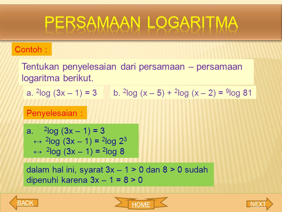 Persamaan logaritma Contoh : Tentukan penyelesaian dari persamaan – persamaan logaritma berikut. a. 2log (3x – 1) = 3.