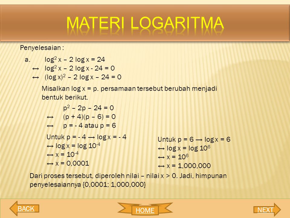 MATERI LOGARITMA Penyelesaian : a. log2 x – 2 log x = 24