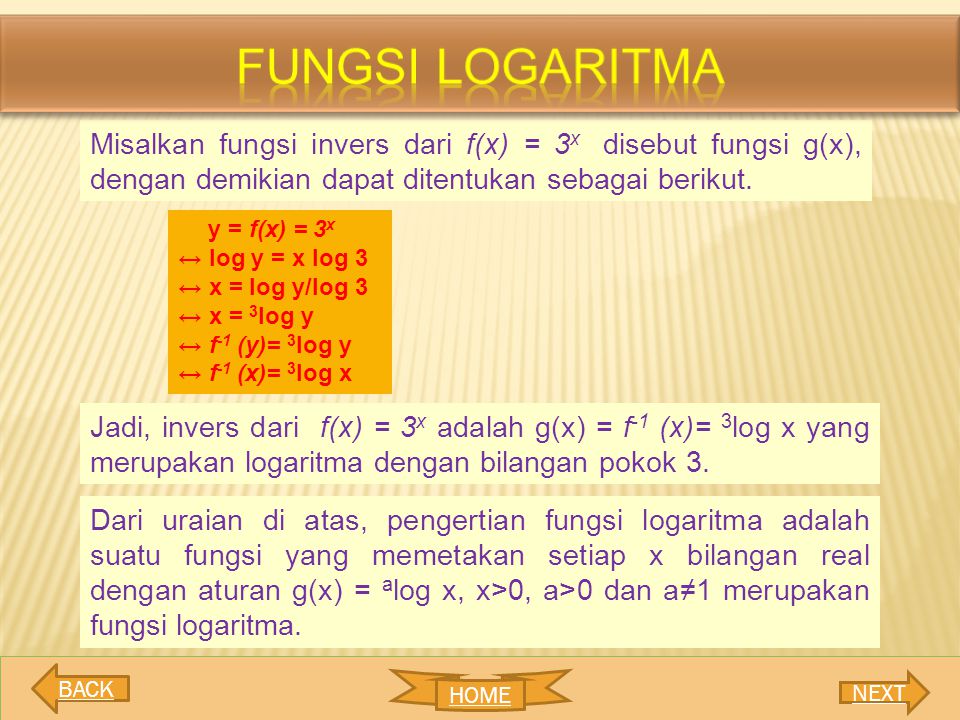 fungsi LOGARITMA Misalkan fungsi invers dari f(x) = 3x disebut fungsi g(x), dengan demikian dapat ditentukan sebagai berikut.