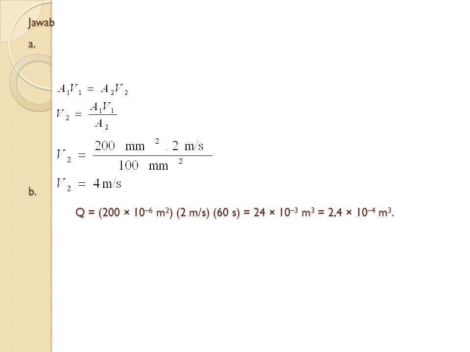Jawab a. b. Q = (200 × 10–6 m2) (2 m/s) (60 s) = 24 × 10–3 m3 = 2,4 × 10–4 m3.