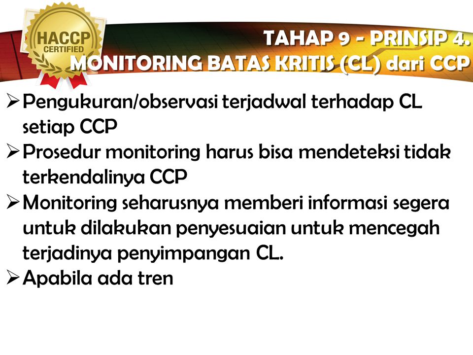 TAHAP 9 - PRINSIP 4. MONITORING BATAS KRITIS (CL) dari CCP. Pengukuran/observasi terjadwal terhadap CL setiap CCP.