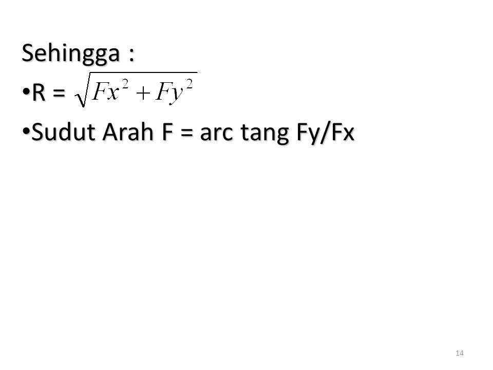 Sehingga : R = Sudut Arah F = arc tang Fy/Fx