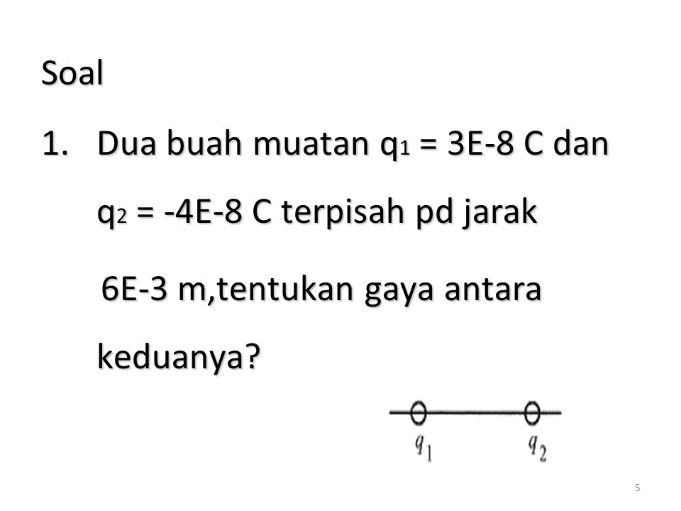 Soal Dua buah muatan q1 = 3E-8 C dan q2 = -4E-8 C terpisah pd jarak.