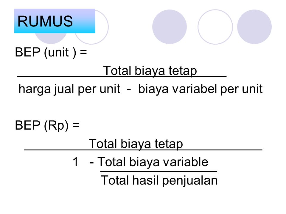 RUMUS BEP (unit ) = Total biaya tetap