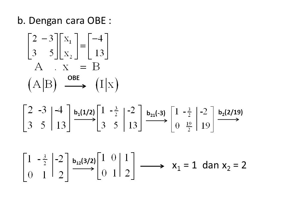b. Dengan cara OBE : x1 = 1 dan x2 = 2