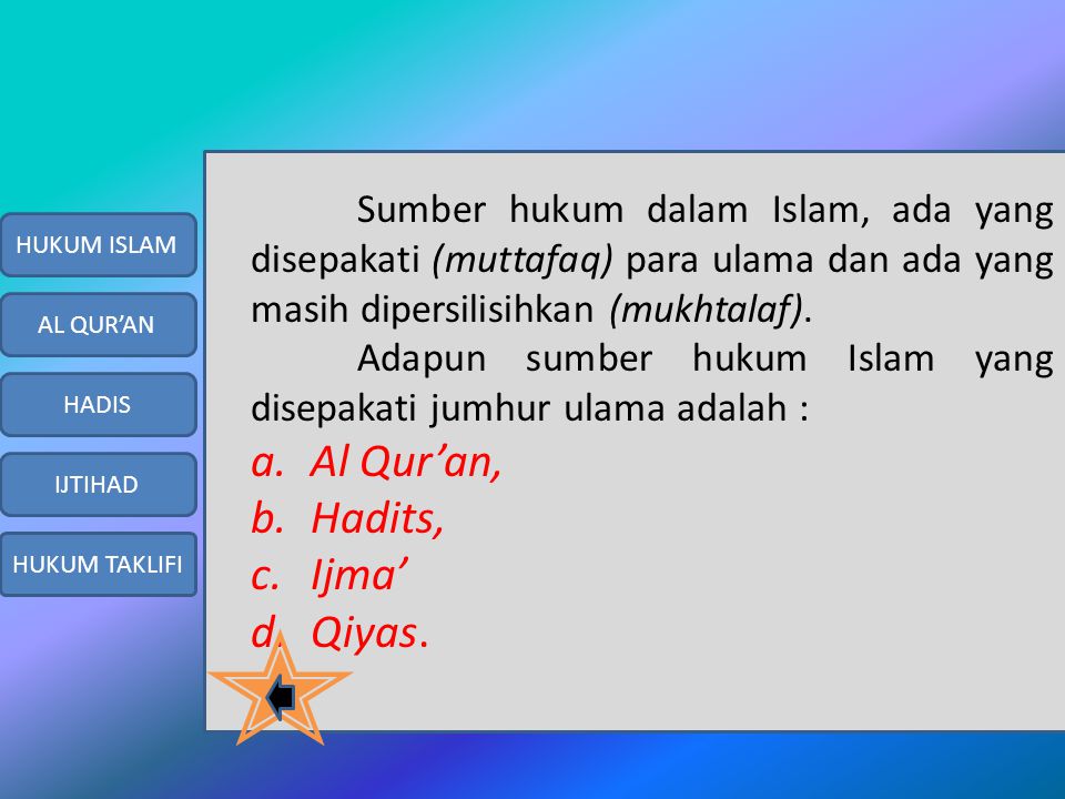 Al Qur’an, Hadits, Ijma’ Qiyas.