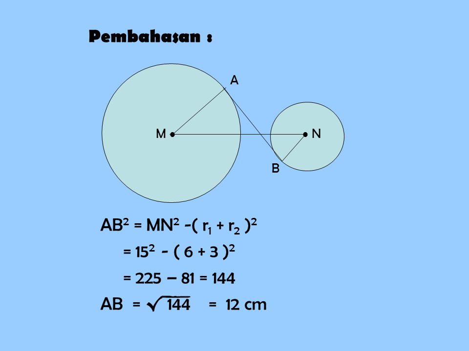 Pembahasan : AB2 = MN2 -( r1 + r2 )2 = ( )2
