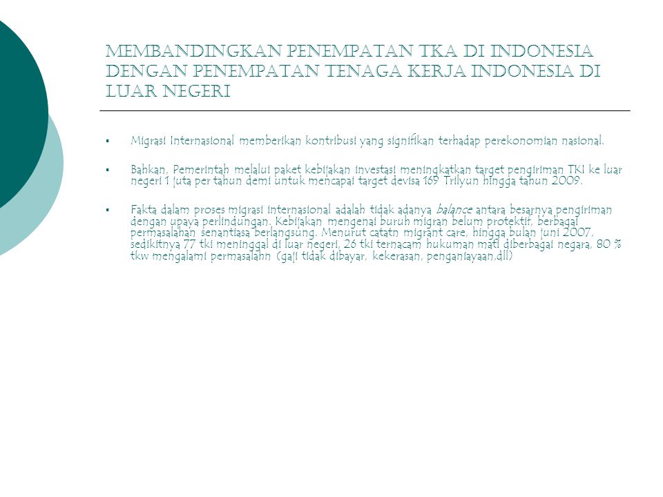 Membandingkan penempatan tka di indonesia dengan Penempatan tenaga kerja indonesia di luar negeri