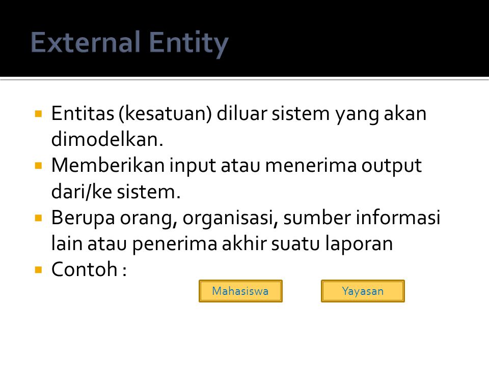 External Entity Entitas (kesatuan) diluar sistem yang akan dimodelkan.
