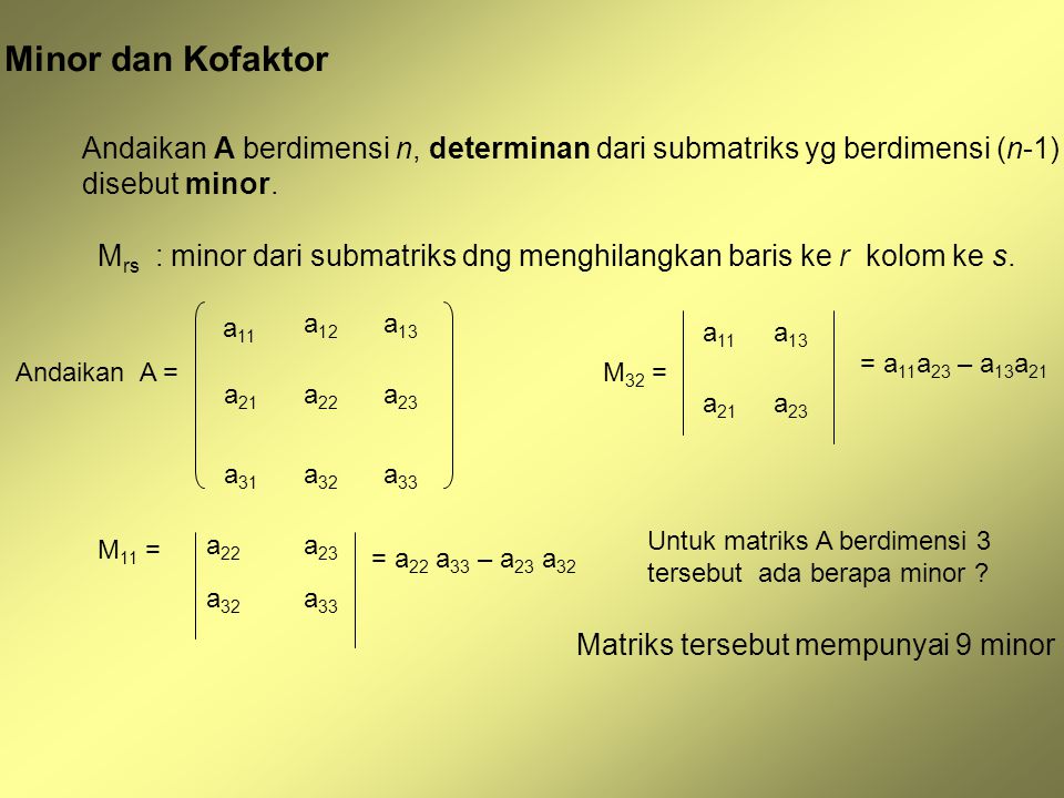 Minor dan Kofaktor Andaikan A berdimensi n, determinan dari submatriks yg berdimensi (n-1) disebut minor.