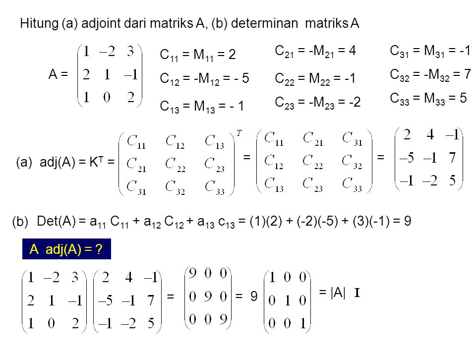 Hitung (a) adjoint dari matriks A, (b) determinan matriks A